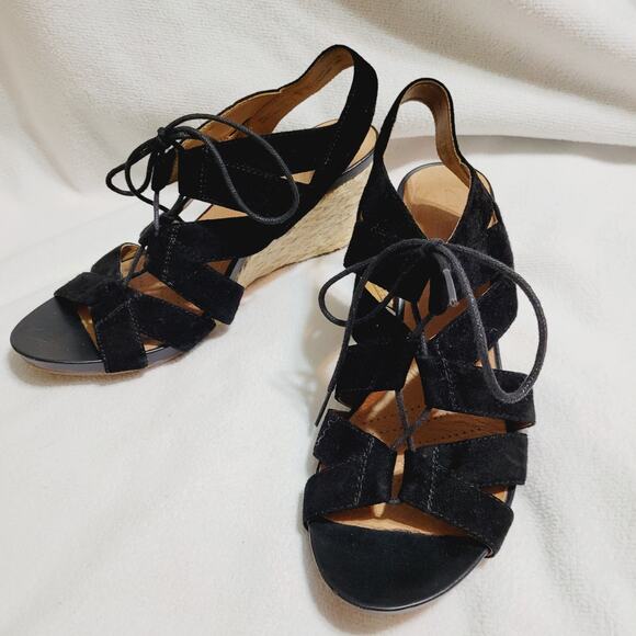 Clark's Artisan black suede lace up espadrille sandal size 9 - Picture 1 of 8
